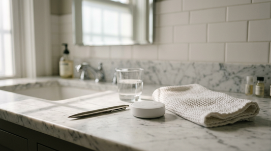 BRITEN whitening pen and LED pod on a marble bathroom counter, whitening teeth at home