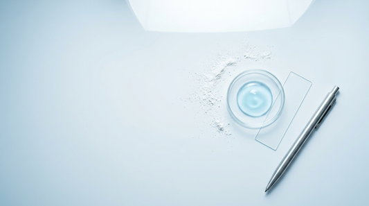 Whitening gel in a petri dish with lab slide and pen, the science of LED teeth whitening