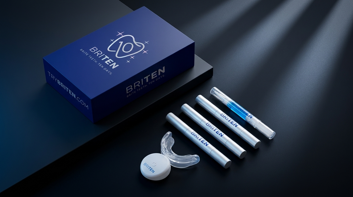 BRITEN Advanced Teeth Whitening Kit with LED mouthpiece and whitening pens on a dark surface